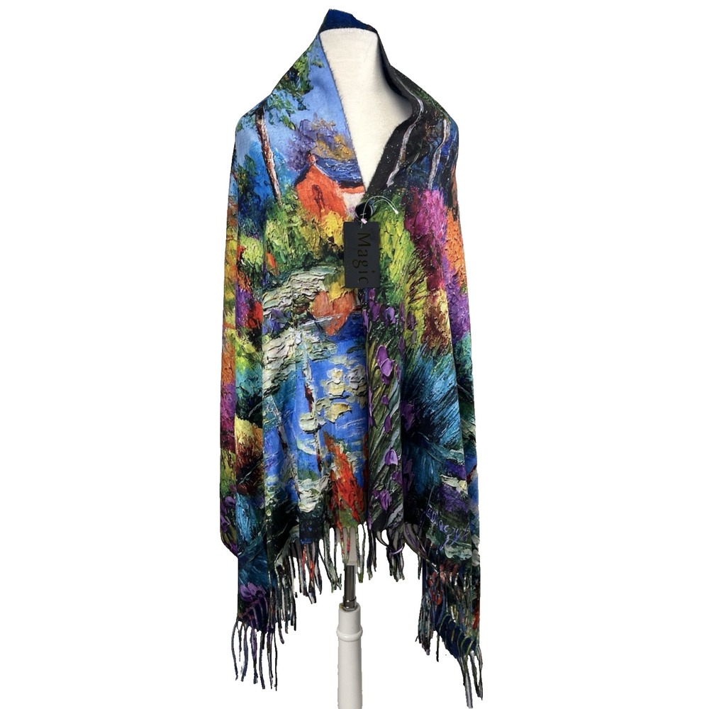 Reversible Wrap Poncho Floral Impressionist Art Painting Button Boho Colorful